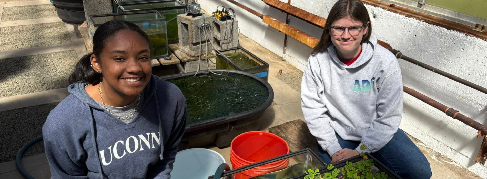 2 people next to a grow tank in a greenhouse
