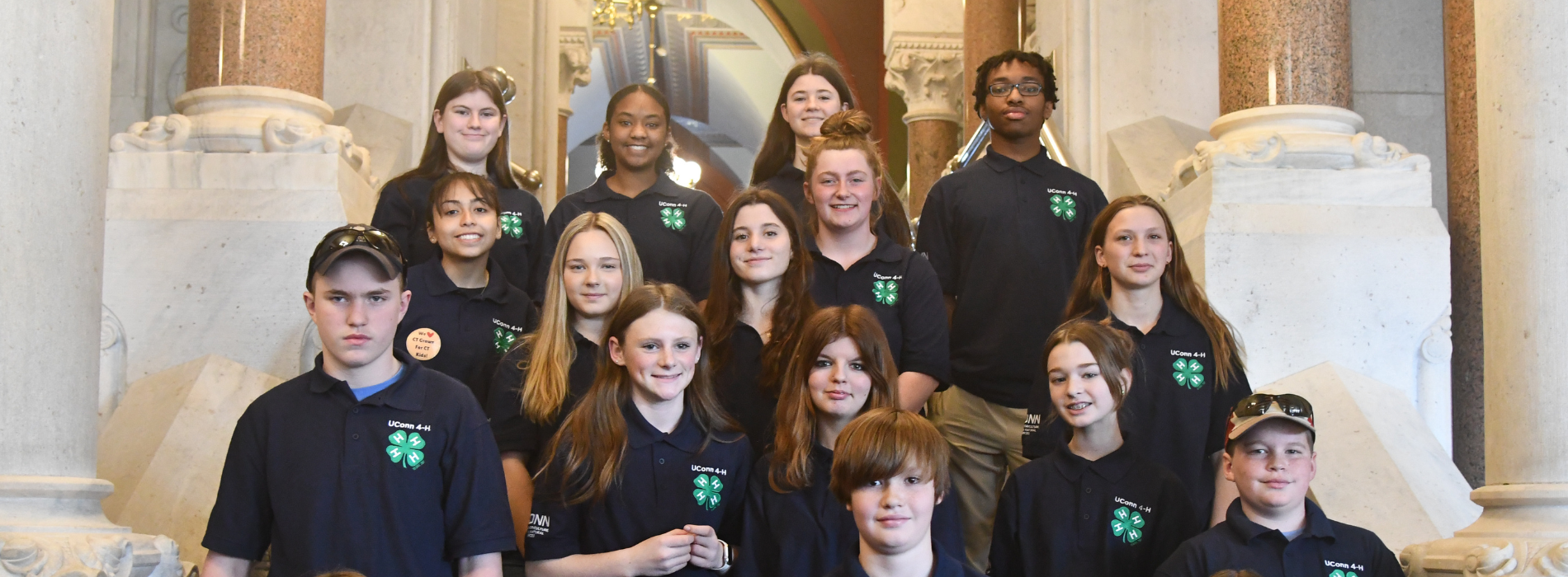 9 youth in 4-H polos standing on the capitol stairs in Hartford