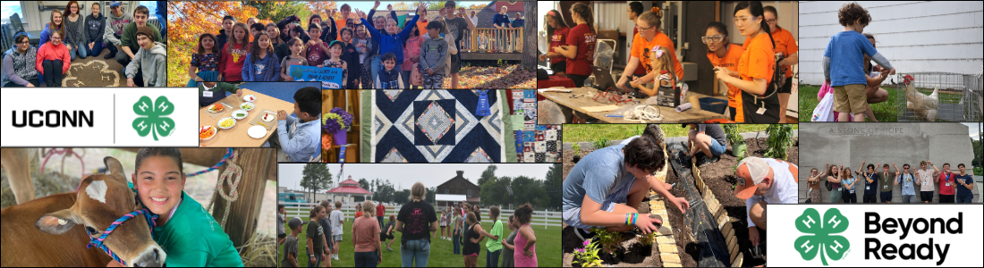 Photo collage of 4-H members and activities within the program with the UConn 4-H clover logo and clover logo with words 'beyond ready'