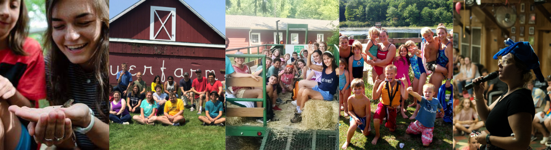 Five photos highlighting various camp activities from swimming to dancing and hay wagon rides