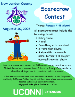 New London County 4-H Fair Scarecrow Contest. Theme: Famous 4-H Alumni. All scarecrows must include the following items: baling twine, a tool, something with an animal, two items that rhyme, a sign with the aluma's name, former 4-H project, accomplishments and photo. Scarecrow must contain 80% reused/repurposed materials. Club members should work together. All scarecrows must be entered by 7:00pm on Friday, August 8.