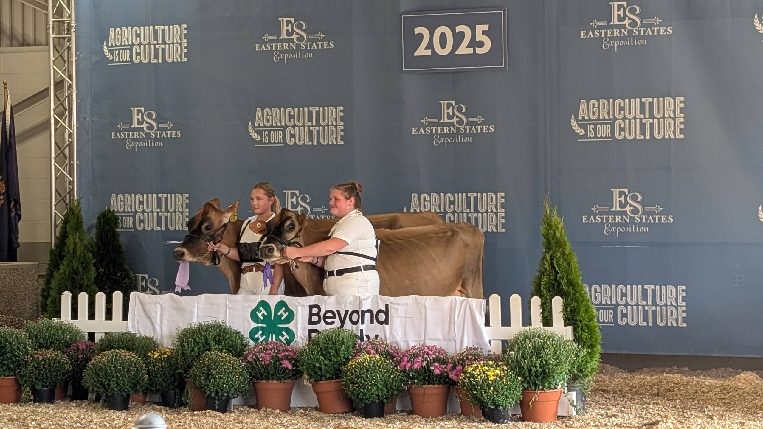Two girls standing in front of a Big E sign with jersey cattle