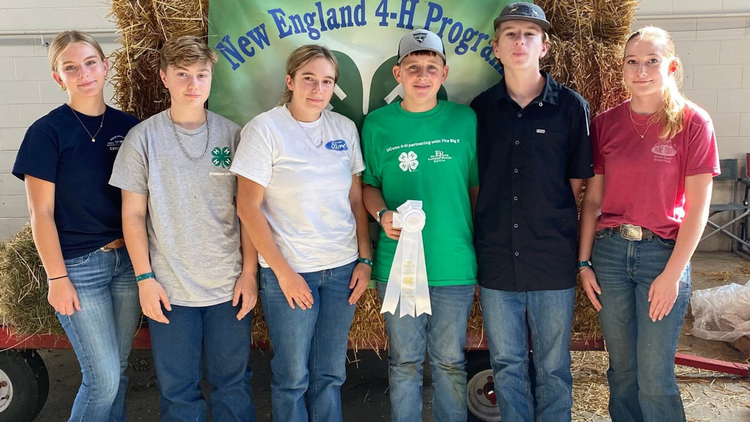 6 youth standing in front of a Big E sign with ribbons